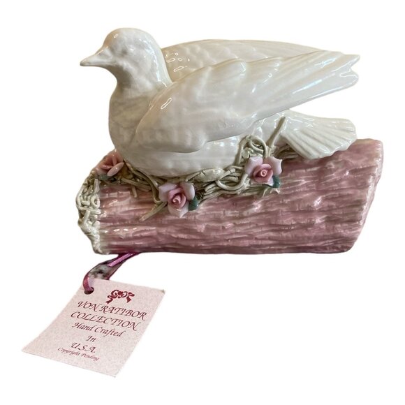1997 Von Rattibor Handcrafted Porcelain Dove Pink Log Floral Accents Signed - Picture 2 of 8